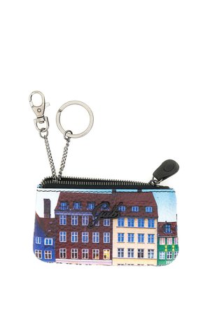 Piccola pochette con cerniera con stampa di edifici colorati in stile europeo, attaccata a un portachiavi e clip metallico.