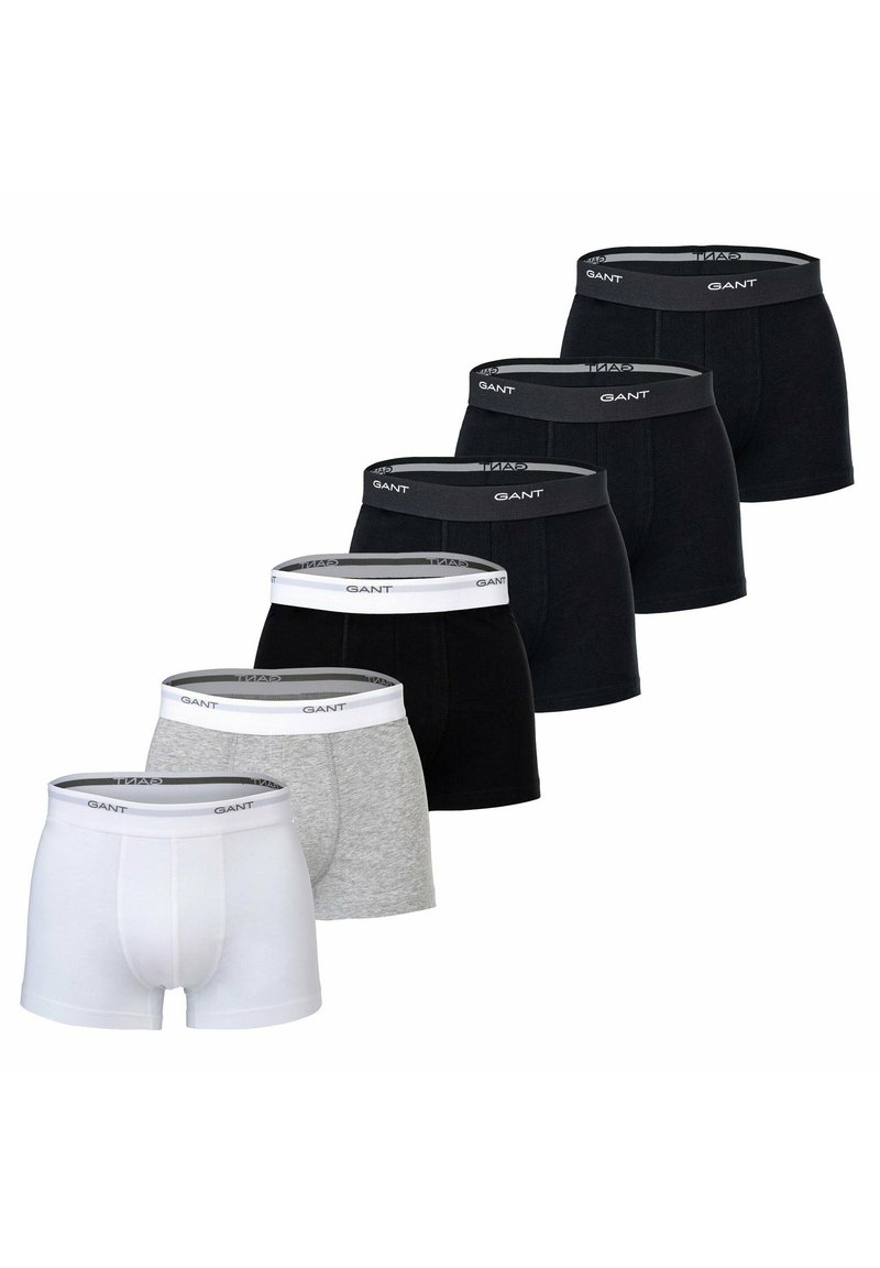 Boxer classici da uomo in nero, grigio e bianco. Materiale in cotone, vita elastica con etichetta "GANT", design aderente, cinque pezzi in totale.