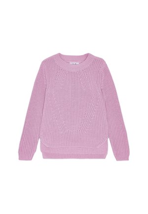 Maglione rosa lavorato a maglia con collo rotondo, maniche lunghe e motivi strutturati sulla parte anteriore, con orlo e polsini aderenti.