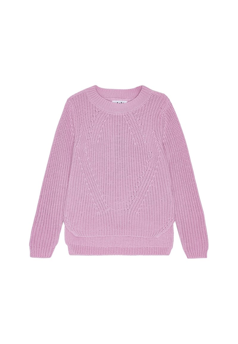 Rosa gestrickter Pullover mit rundem Hals, langen Ärmeln und strukturierten Mustern auf der Vorderseite, mit einem taillierten Saum und Bündchen.