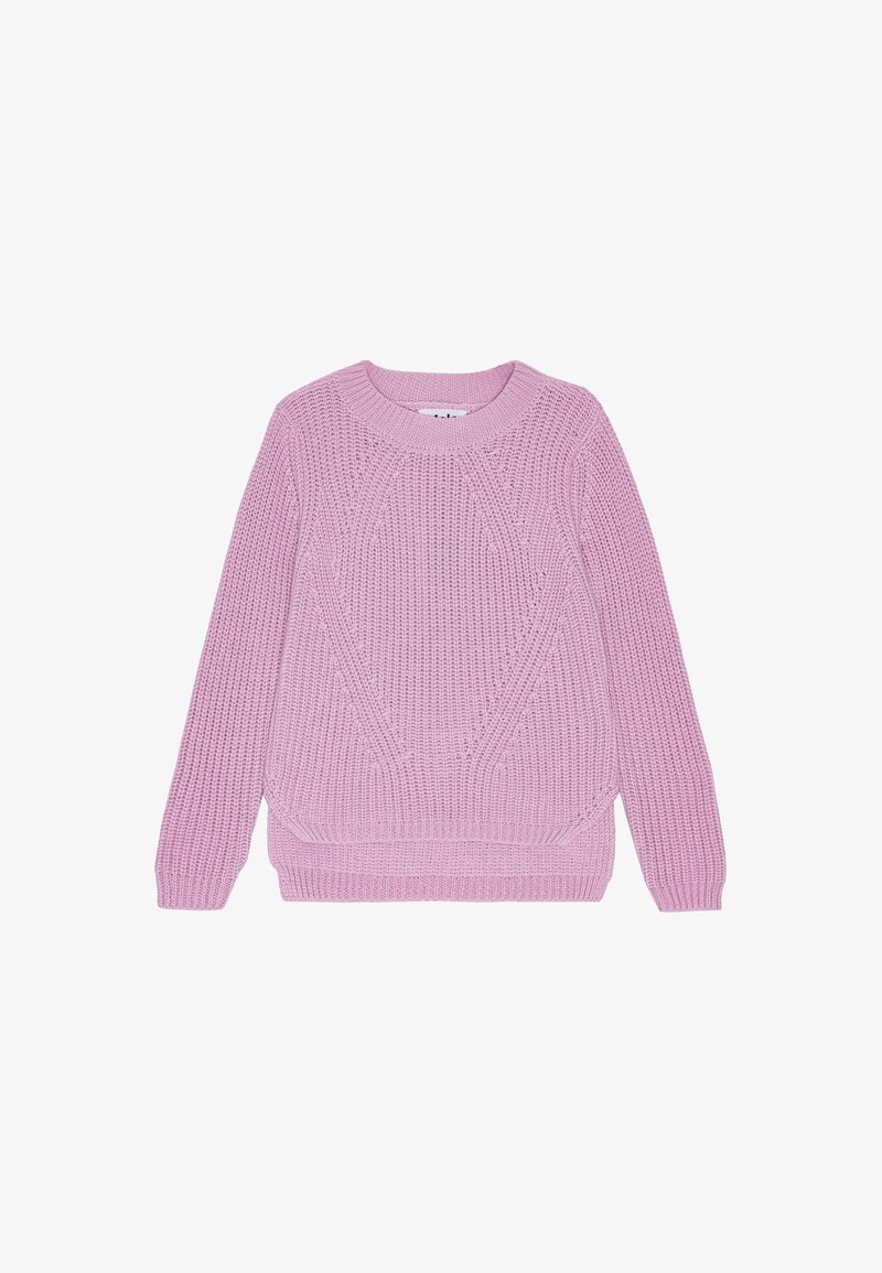 Rosa gestrickter Pullover mit rundem Hals, langen Ärmeln und strukturierten Mustern auf der Vorderseite, mit einem taillierten Saum und Bündchen.