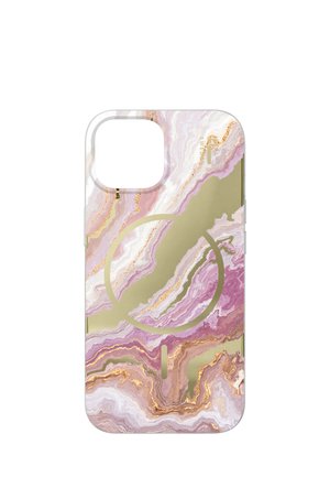 Custodia per telefono con design marmorizzato rosa, bianco e oro con accenti dorati circolari e lineari, progettata per smartphone con ritaglio per doppia fotocamera.