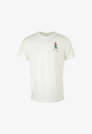 T-shirt bianca in cotone con una grafica stampata di una persona con un bambino sul lato sinistro del petto. Maniche corte e design a girocollo.