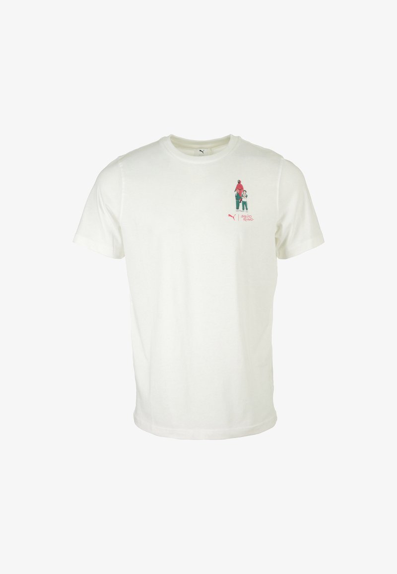 T-shirt bianca in cotone con una grafica stampata di una persona con un bambino sul lato sinistro del petto. Maniche corte e design a girocollo.