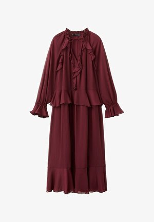 Rochie burgundy cu mâneci lungi, cu guler, mansete și tiv volanate, având un detaliu cu fundă la guler și talie cu peplum stratificat.