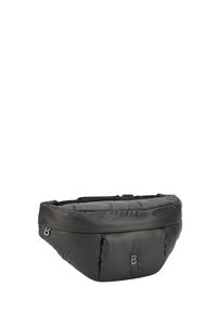 Belt bag nera imbottita, con una texture liscia, forma arrotondata e tracolla regolabile. Logo "B" impresso sul fronte.