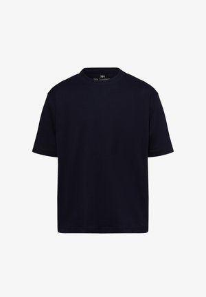 Marineblaues Rundhals-T-Shirt aus Baumwollmischung, mit kurzen Ärmeln und lockerem Schnitt, ohne sichtbare Muster oder Akzente.