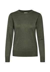 Grön stickad tröja med rund halsringning, långa ärmar, ribbade muddar och fåll. Mjuk textur med enfärgat mönster utan mönster.