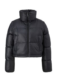 Veste matelassée noire courte avec col montant, fermeture éclair à l'avant et poches latérales, conçue pour le temps froid.