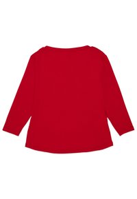 Czerwona bluzka z długim rękawem, okrągły dekolt, miękka tkanina, luźny krój, z gładką teksturą i lekko zaokrąglonym dołem.