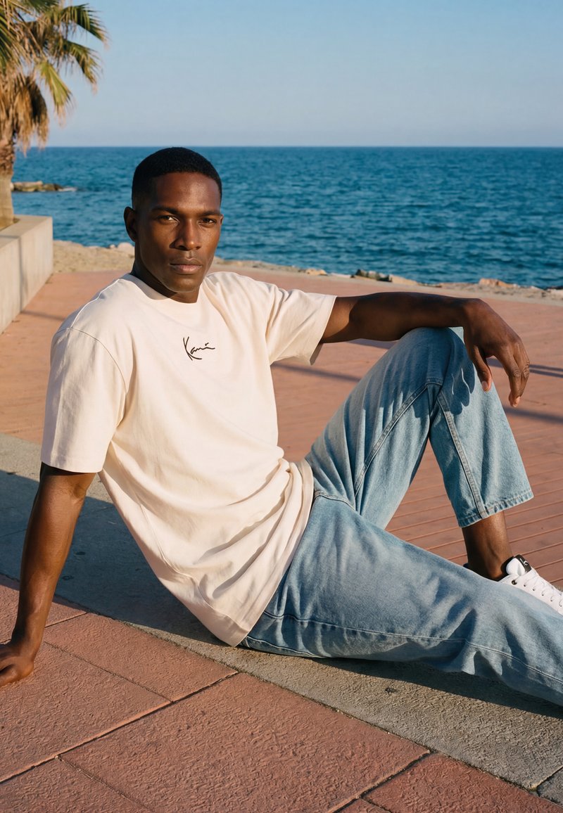 Mees beežis T-särgis ja helesinistes teksades istub mere lähedal sillutatud rajal, taustal on palmipuu.