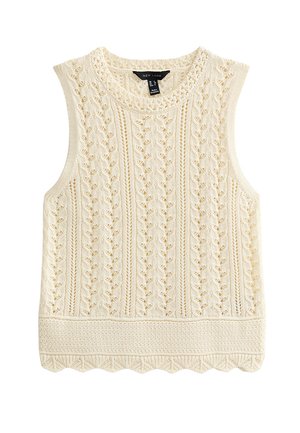 Gilet en tricot crème sans manches avec motifs torsadés et en dentelle, col rond et ourlet festonné de la marque New Look.