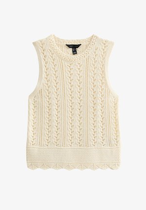 Gilet en tricot crème sans manches avec motifs torsadés et en dentelle, col rond et ourlet festonné de la marque New Look.