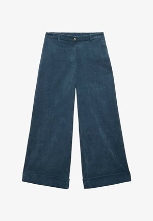 Wide-leg corduroy pants in dark blue. Material has a ribbed texture. Design features a button closure and folded cuffs.