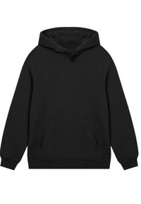Black hoodie featuring a front pocket, drawstring hood, ribbed cuffs and hem, made from soft cotton blend fabric.