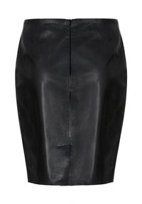 Czarna skórzana spódnica, dopasowany krój, długość do kolan, gładka faktura, zamek błyskawiczny z tyłu, czyste linie, brak widocznych wzorów lub ozdób.