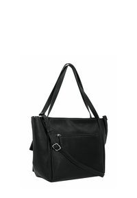 Sac fourre-tout en cuir noir avec finition texturée, équipé de deux poignées, d'une bandoulière réglable et d'une poche zippée à l'avant.