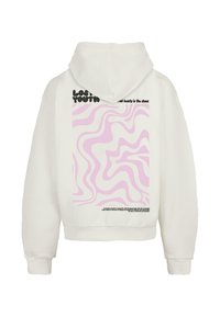 Felpa bianca con un design ondulato rosa sul retro, testo sopra e sotto la grafica, e polsini e orlo a costine. Tessuto morbido.
