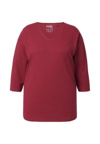 Bordeaux v-hals t-shirt met driekwartmouwen, gemaakt van zachte katoen. Heeft een ontspannen pasvorm en minimale stikseldetails.