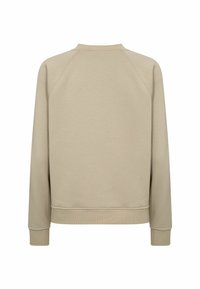 Bézs színű hosszú ujjú pulóver bordázott mandzsettákkal, szegéllyel és gallérral, hátulnézetből, fehér háttéren.