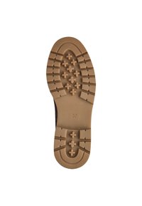 Suela de un zapato marrón con un patrón de relieve texturizado que presenta cruces y rectángulos, con el tamaño marcado como 37 en el centro de la suela.