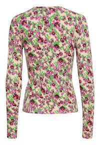Dlouhý rukáv top s květinovým vzorem v purpurové, růžové a zelené barvě na smetanovém pozadí. Vyrobeno z měkké látky, má kulatý výstřih.