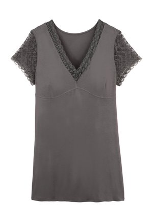 T-shirt gris à manches courtes avec dentelle, bordé de dentelle et décolleté en V large. Tissu lisse avec une silhouette ajustée et des détails de couture subtils.