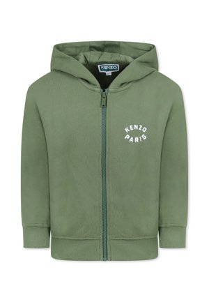 Grüner Zip-Hoodie mit Kapuze, aus Baumwolle. Mit einem weißen "KENZO PARIS"-Logo auf der Vorderseite, gerippten Bündchen und Saum.