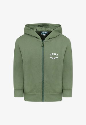 Groene rits-hoodie met capuchon, gemaakt van katoen. Voorzien van een logo "KENZO PARIS" in het wit op de voorkant, geribde manchet en zoom.