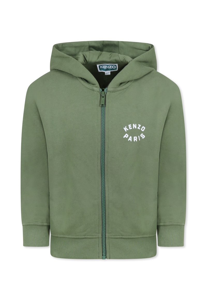 Haut de hoodie zippé vert avec capuche, en coton. Présente un logo "KENZO PARIS" en blanc sur le devant, des poignets et un ourlet côtelés.