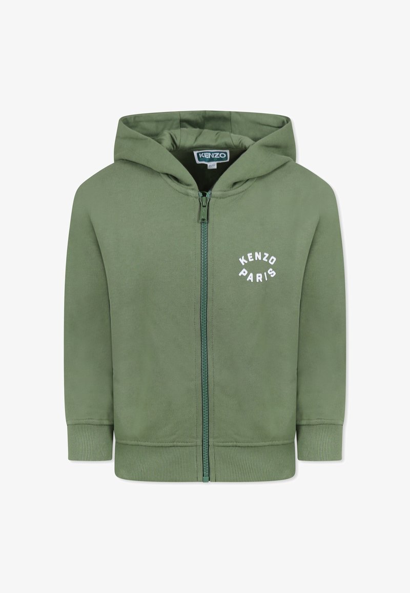 Haut de hoodie zippé vert avec capuche, en coton. Présente un logo "KENZO PARIS" en blanc sur le devant, des poignets et un ourlet côtelés.
