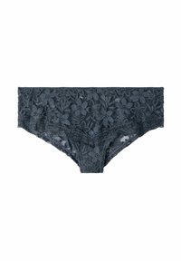 Culotte en dentelle gris foncé, ornée de motifs floraux, avec une taille festonnée et des détails élastiques pour plus de confort.