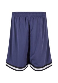 Shorts de sport navy en tissu léger, avec une taille élastique et des accents de rayures blanche et noire à l'ourlet.