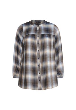 Napapaita, jossa on pitkät hihat, sinivihreä ja ruskea ruutukuosi, pyöreä kaulus ja tummansiniset napit edessä.