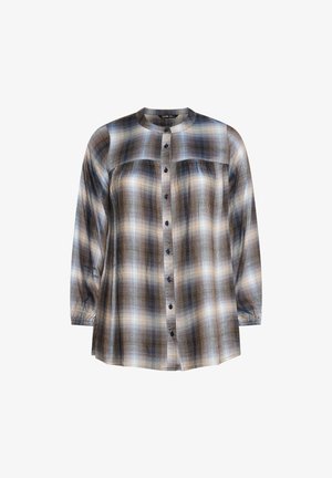 Napapaita, jossa on pitkät hihat, sinivihreä ja ruskea ruutukuosi, pyöreä kaulus ja tummansiniset napit edessä.