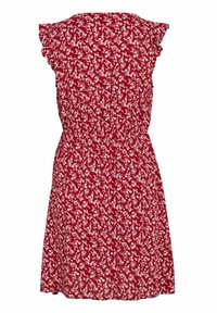 Robe rouge sans manches avec petit motif floral blanc, taille élastique et détails à volants sur les épaules, vue de dos.