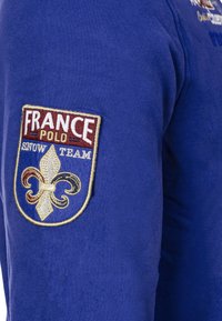 Modrá mikina s vyšívanou nášivkou s textem "FRANCE POLO SNOW TEAM" a dekorativním motivem fleur-de-lis. Měkká textura.