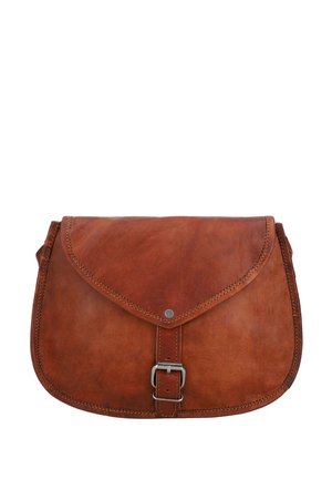 Brown leather crossbody bag with a flap closure, metal buckle, and stitching details. Features a smooth texture and rounded edges.
