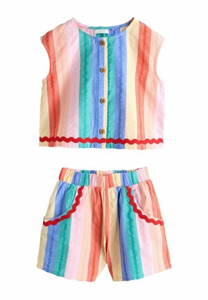 Sleeveless button-up crop top and elastic waist shorts set with vertical rainbow stripes and red wavy trim on pockets and hem.
