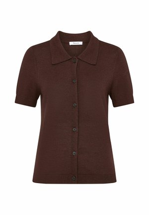 Cardigan a maglia a maniche corte di colore marrone scuro con colletto appuntito e sei bottoni neri sul davanti, orlo e polsini a coste.