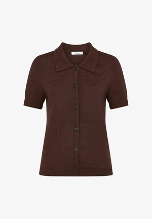 Ciemnobrązowy krótki sweter na guziki z dzianiny z kołnierzem w szpic i sześcioma czarnymi guzikami z przodu, z prążkowanym wykończeniem na dole i mankietach rękawów.