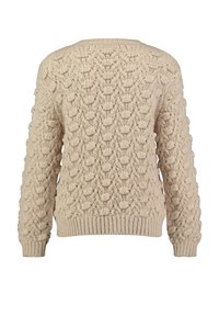 Beige gebreide trui met gestructureerde bobbel- en kabelpatronen, lange mouwen en geribbelde manchetten en zoom, van achteren gezien.