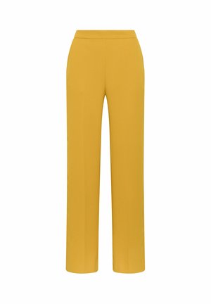 Yellow wide-leg trousers with a smooth fabric, high waist, and no visible seams or pockets. The design features a tailored, minimalist look.
