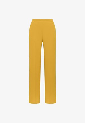 Yellow wide-leg trousers with a smooth fabric, high waist, and no visible seams or pockets. The design features a tailored, minimalist look.