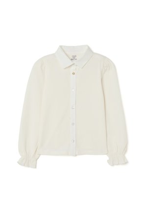 Cremefarbene Bluse mit Knopfleiste, langen Ärmeln, gepufften Schultern, klassischem Kragen und gerafften Manschetten; glattes Gewebe mit einem dezenten Glanz.