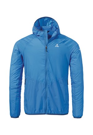 Leichte blaue Jacke mit Kapuze, ausgestattet mit einem Reißverschluss auf der Vorderseite, Seitentaschen und elastischen Bündchen. Glatte Textur, minimalistisches Design.