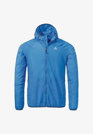 Leichte blaue Jacke mit Kapuze, ausgestattet mit einem Reißverschluss auf der Vorderseite, Seitentaschen und elastischen Bündchen. Glatte Textur, minimalistisches Design.