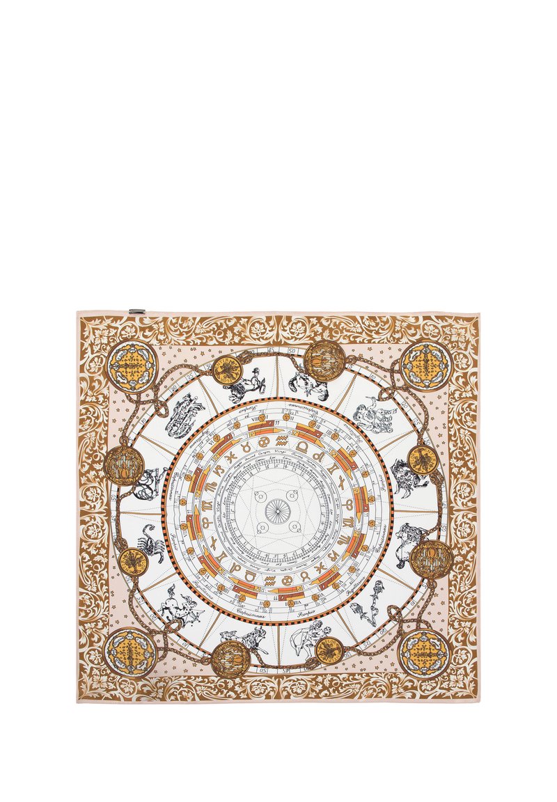Tapisserie sur le thème astrologique avec un design circulaire central, entouré de motifs ornés en or et noir, mettant en avant des symboles et des éléments célestes.