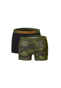 Zwarte en camouflage boxershorts. Zwart heeft een groene tailleband; camouflage heeft een groene tailleband met een oranje 'CATERPILLAR'-logo. Zacht rekbaar materiaal.