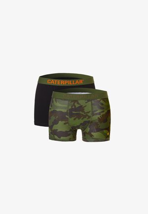 Boxers à motifs camouflés et noirs. Le noir a une ceinture verte ; le camouflé a une ceinture verte avec le logo orange "CATERPILLAR". Tissu doux et extensible.